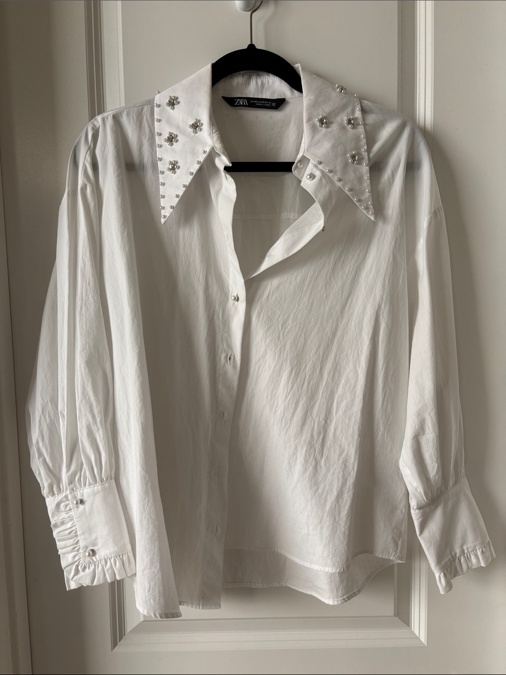 Zara White Jeweled Collar Button-Down Blouse